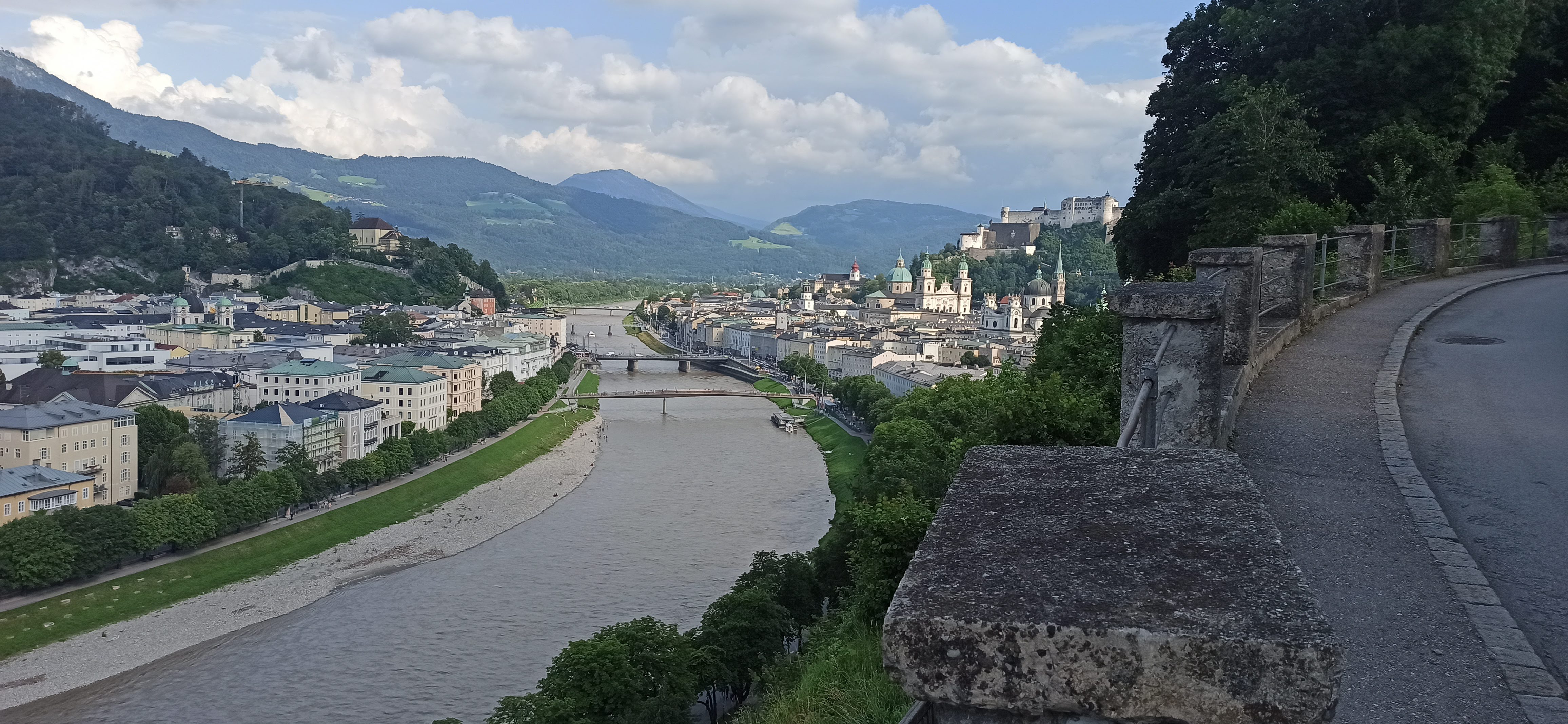 Views from the hills of the Salzburg towards the center of the old city with the castle on the top of another hill